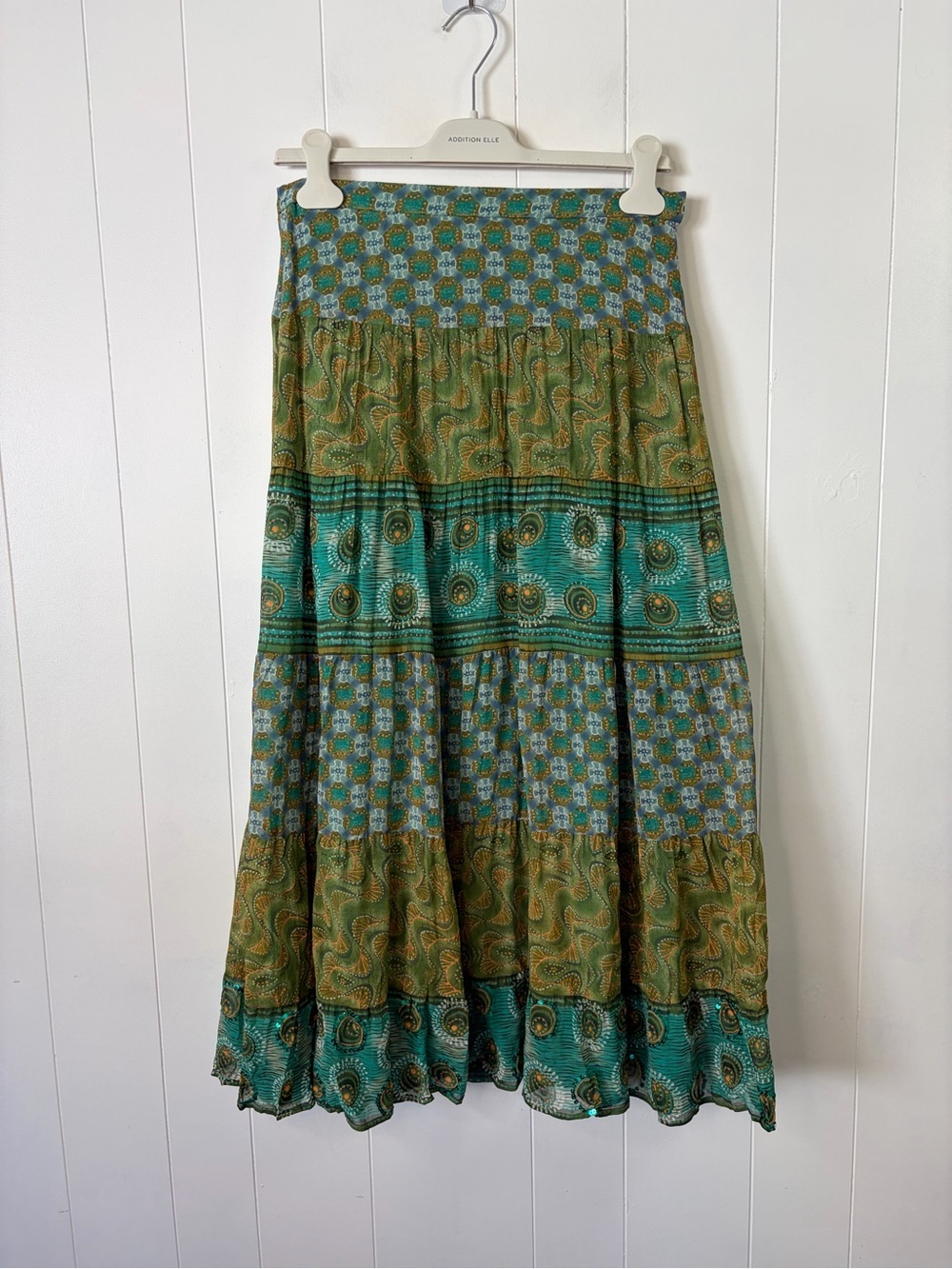 Vintage Boho Sequin Tiered Midi Maxi Skirt Size Medium Green Blue Festival Fairy - Picture 3 of 11